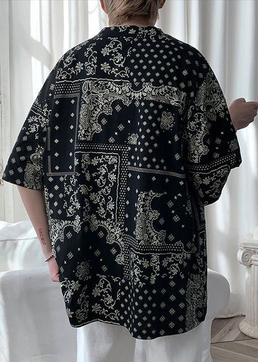 Bohemian Black O Neck Print Cotton Oversized Men T Shirt Summer