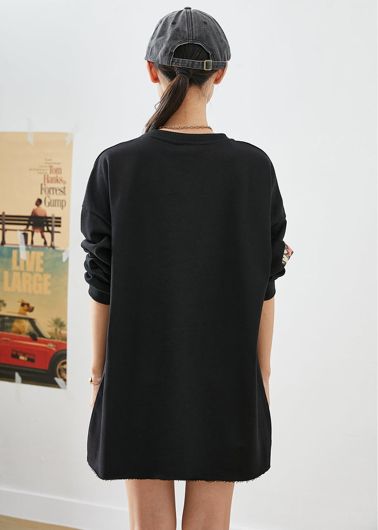 Bohemian Black Oversized Cartoon Print Cotton Ripped Sweatshirts Top Fall