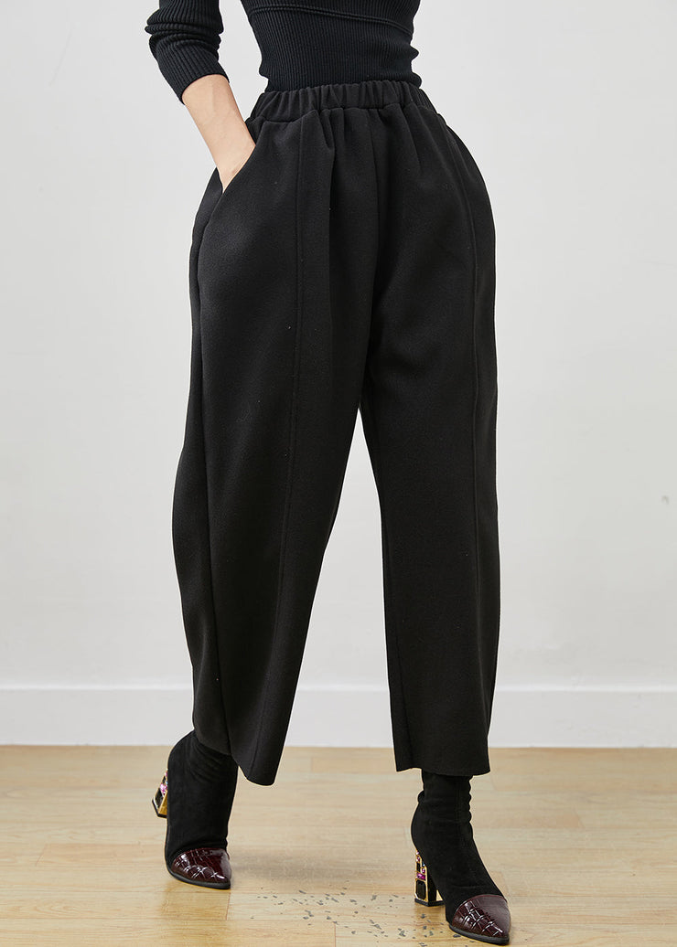 Bohemian Black Oversized Elastic Waist Woolen Crop Pants Spring