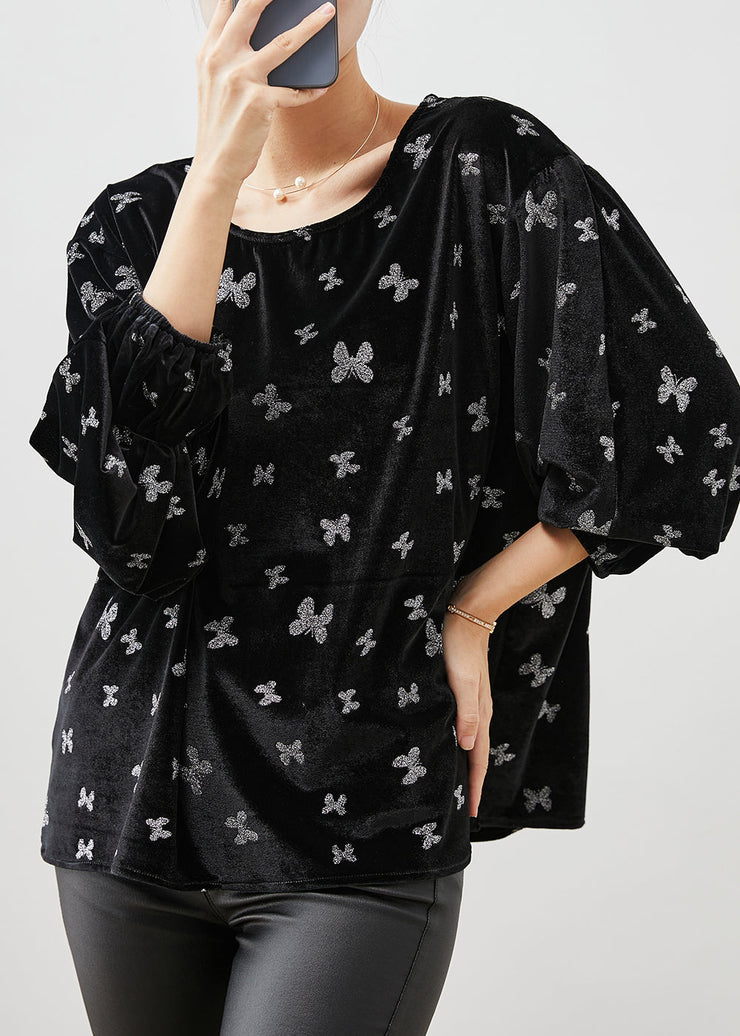 Bohemian Black Oversized Floral Silk Velour Shirts Spring