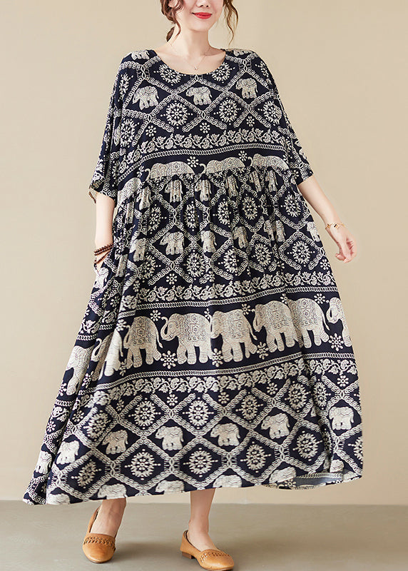 Bohemian Black Oversized Print Cotton Dresses Summer