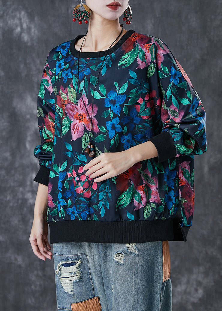 Bohemian Black Oversized Print Cotton Sweatshirts Top Spring