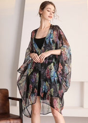 Bohemian Black Oversized Print Hollow Out Tulle Cardigan Summer