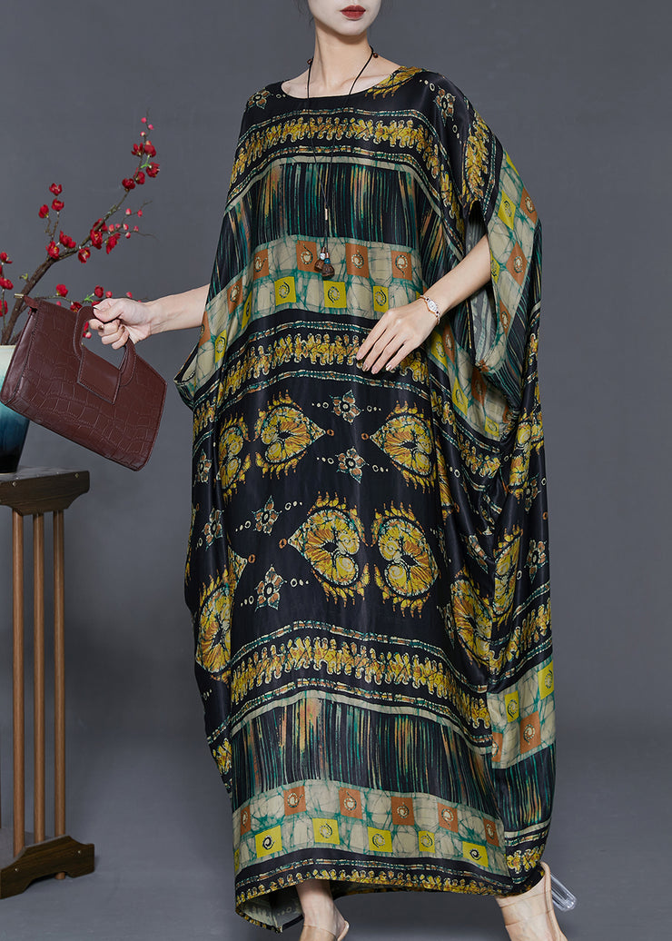 Bohemian Black Oversized Print Silk Long Dresses Batwing Sleeve