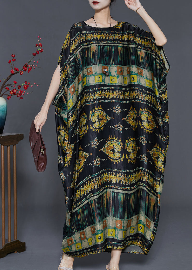 Bohemian Black Oversized Print Silk Long Dresses Batwing Sleeve