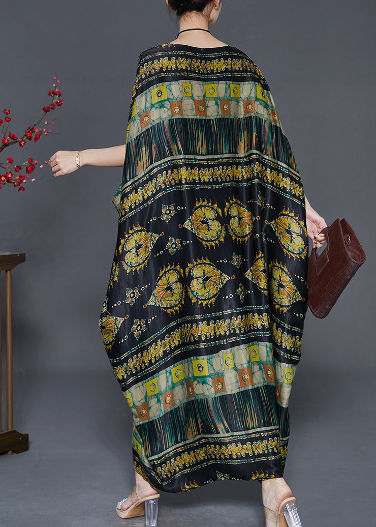 Bohemian Black Oversized Print Silk Long Dresses Batwing Sleeve