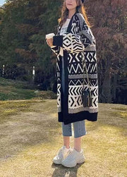 Bohemian Black Oversized Print Thick Knit Loose Cardigan Winter