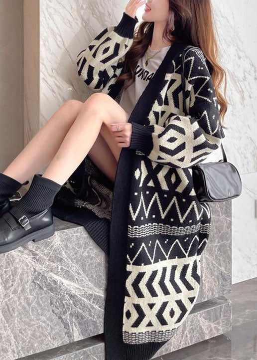 Bohemian Black Oversized Print Thick Knit Loose Cardigan Winter