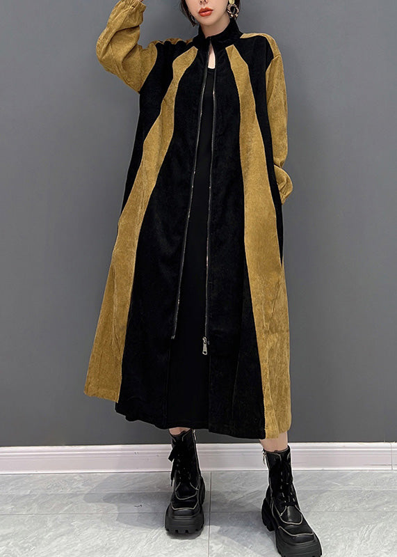 Bohemian Black Patchwork Yellow Zippered Long Coat Spring