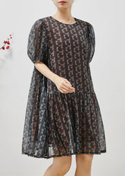 Bohemian Black Puff Sleeve Print Chiffon Holiday Dress