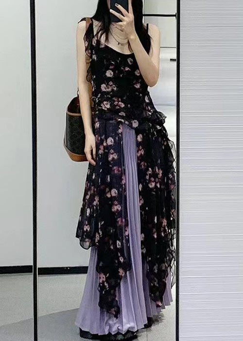 Bohemian Black Ruffled Print Chiffon Two-Piece Set Sleeveless