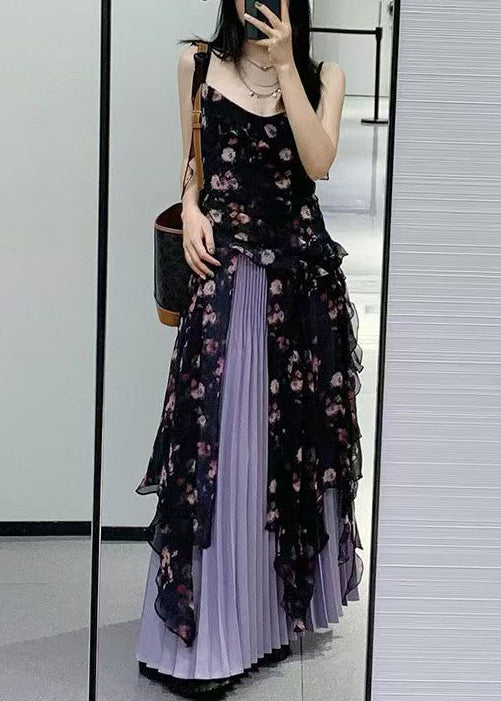 Bohemian Black Ruffled Print Chiffon Two-Piece Set Sleeveless