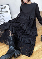 Bohemian Black Ruffles Pockets Patchwork Fall Dresses Long sleeve - bagstylebliss