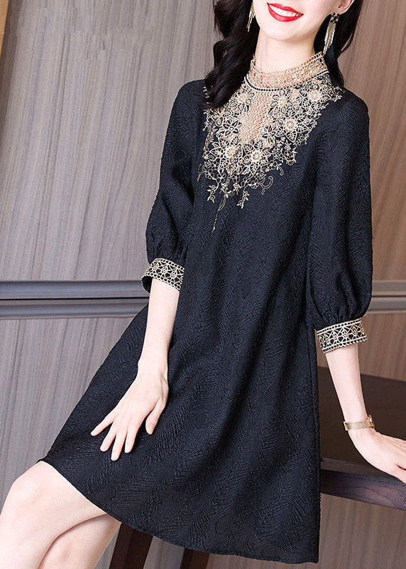 Bohemian Black Stand Collar Lace Patchwork Spandex Mid Dress Half Sleeve