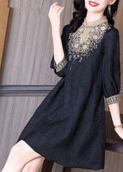 Bohemian Black Stand Collar Lace Patchwork Spandex Mid Dress Half Sleeve