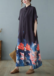 Bohemian Black Stand Collar Oversized Floral Print Chiffon Dress Summer