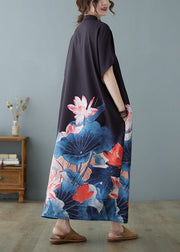 Bohemian Black Stand Collar Oversized Floral Print Chiffon Dress Summer