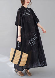 Bohemian Black Stand Collar Oversized Print Chiffon Shirt Dresses Summer