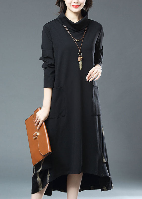 Bohemian Black Striped Pockets Patchwork Cotton Dress Fall