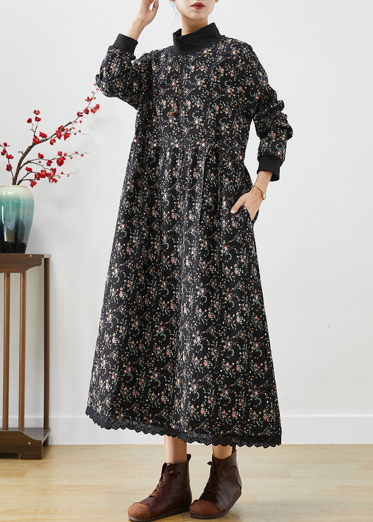 Bohemian Black Turtle Neck Print Warm Fleece Long Dress Winter