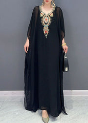 Bohemian Black V Neck Embroidered Patchwork Tulle Maxi Dresses Long Sleeve