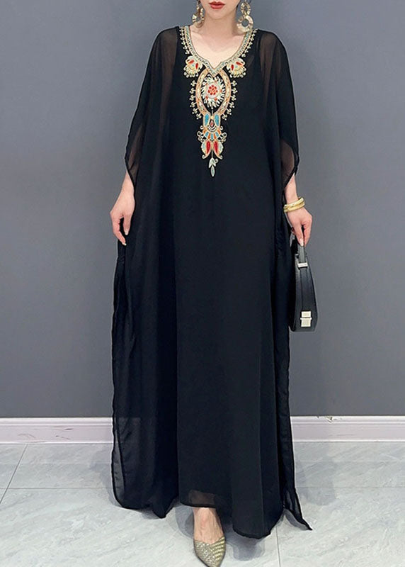 Bohemian Black V Neck Embroidered Patchwork Tulle Maxi Dresses Long Sleeve