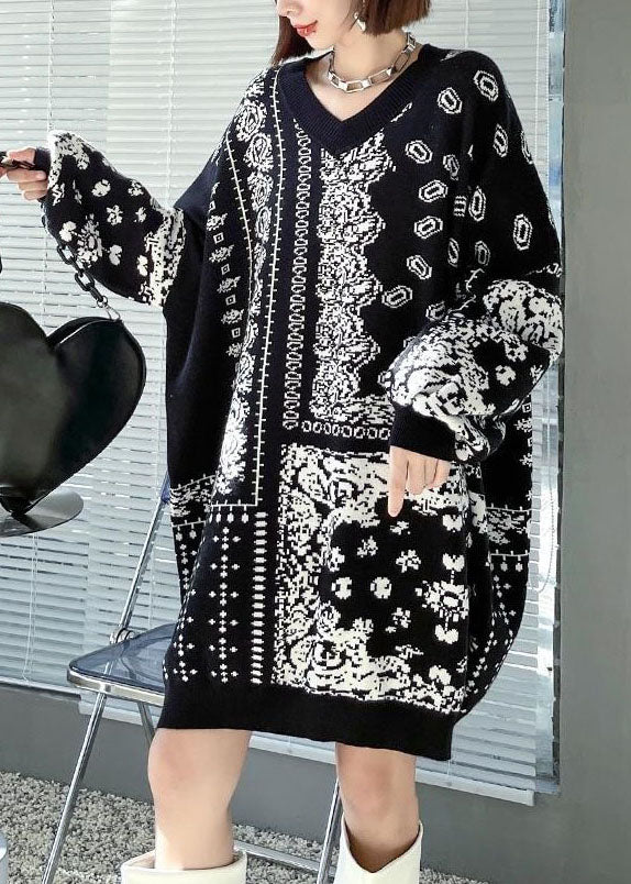 Bohemian Black V Neck Oversized Print Knit Sweater Dress Winter