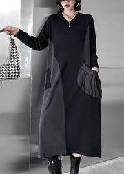 Bohemian Black V Neck Patchwork Cozy Knit Long Sweater Dress Winter