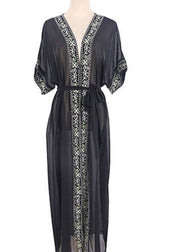 Bohemian Black V Neck Print Chiffon Long Beach Cardigans Summer