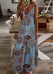 Bohemian Black V Neck Print Long Dress Summer