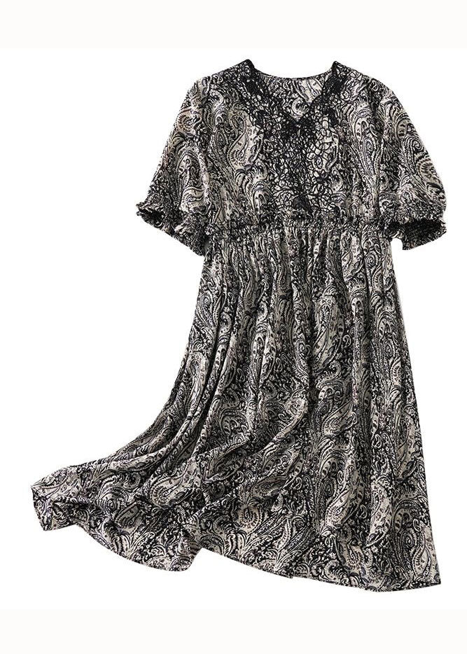 Bohemian Black V Neck Print Patchwork Chiffon Dress Summer