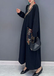 Bohemian Black V Neck Print Patchwork Long Dress Fall