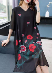 Bohemian Black V Neck Rose Patchwork Chiffon Dress Summer