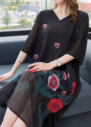 Bohemian Black V Neck Rose Patchwork Chiffon Dress Summer