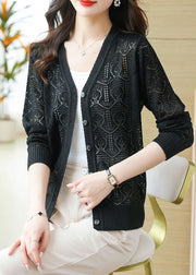 Bohemian Black V Neck Solid Ice Size Knit Cardigans Summer