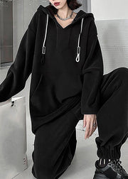 Bohemian Black Warm Fleece Hooded Sweatshirt And Lantern Pants Two Pieces Set Winter