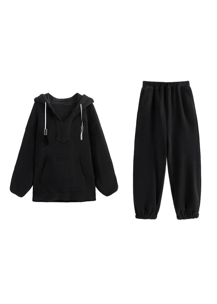 Bohemian Black Warm Fleece Hooded Sweatshirt And Lantern Pants Two Pieces Set Winter