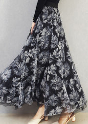 Bohemian Black White Floral High Waist Print Draping Tulle Maxi Skirt Spring