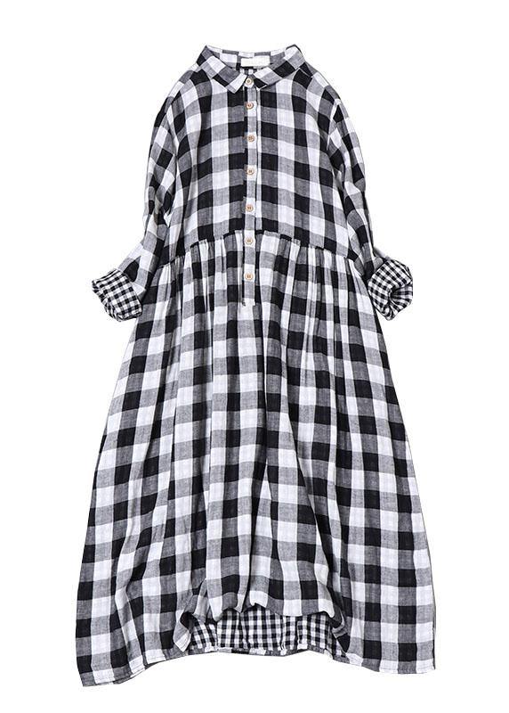 Bohemian Black White Plaid PeterPan Collar Pockets Button Fall Patchwork Dresses - bagstylebliss