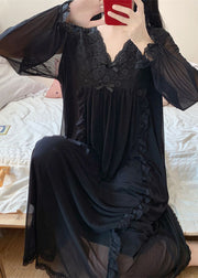 Bohemian Black Wrinkled Ruffled Lace Patchwork Tulle Vacation Maxi Dresses Long Sleeve