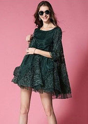 Bohemian Blackish Green Bow Patchwork Organza Vacation Dress Half Sleeve