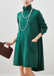 Bohemian Blackish Green High Neck Pockets Cotton A Line Dresses Spring