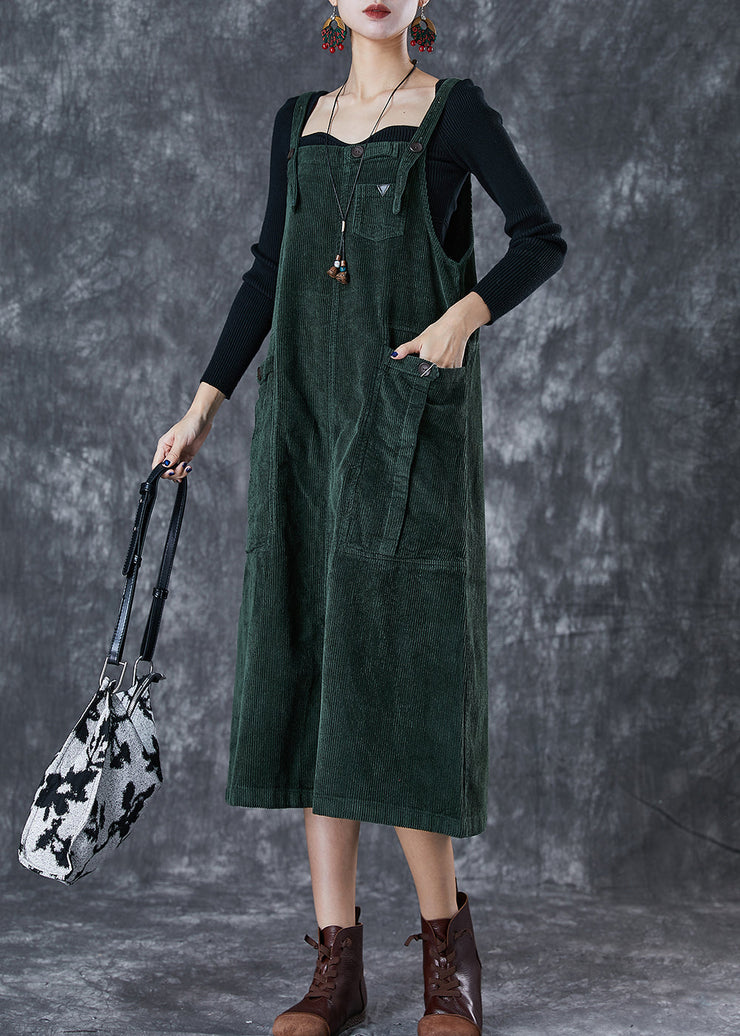 Bohemian Blackish Green Oversized Pockets Corduroy Strap Dress Fall