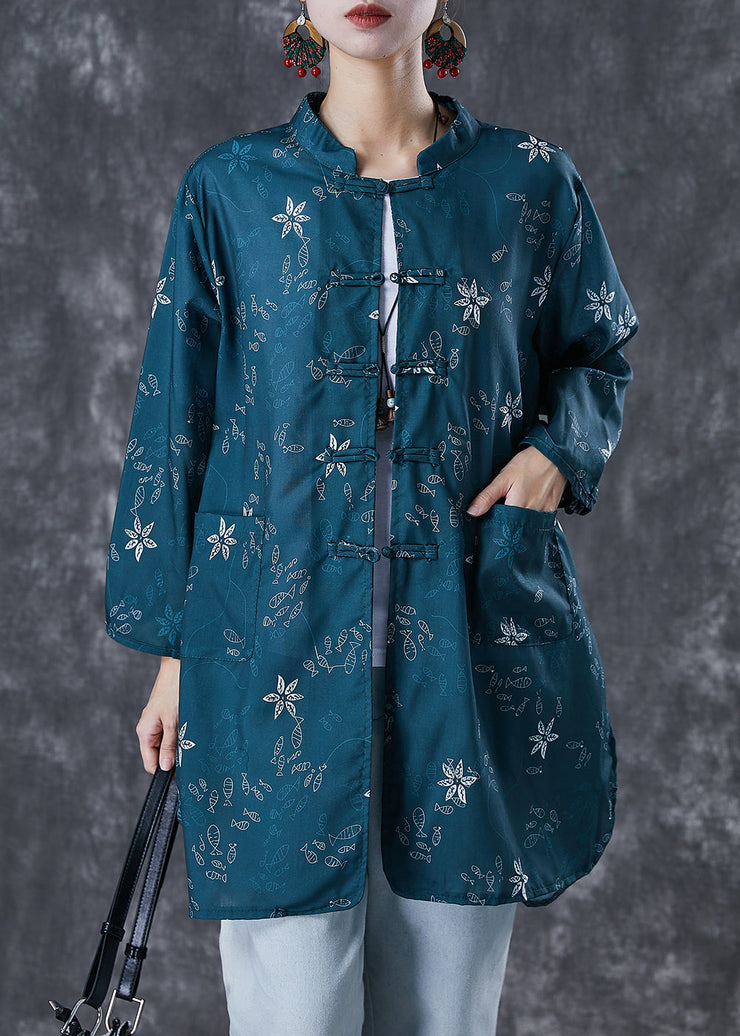 Bohemian Blackish Green Print Chinese Button Cotton Shirt Fall