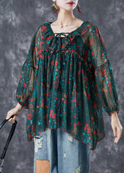 Bohemian Blackish Green Ruffled Print Chiffon Blouses Summer