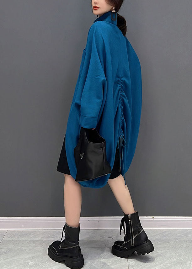 Bohemian Blue Asymmetrical Design Zippered Cotton Coat Fall