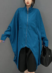 Bohemian Blue Asymmetrical Design Zippered Cotton Coat Fall