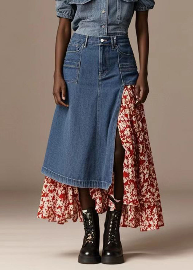 Bohemian Blue Asymmetrical Patchwork Print Denim Skirt Spring