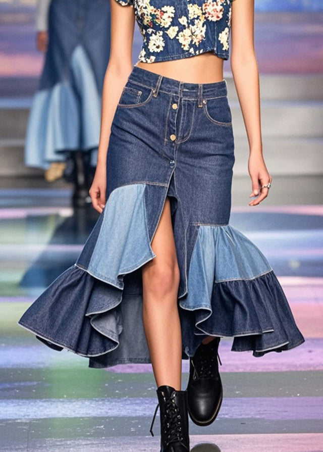 Bohemian Blue Asymmetrical Patchwork Ruffles Denim Wraped Skirts Spring