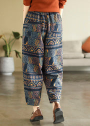 Bohemian Blue Elastic Waist Pockets Print Cotton Denim Harem Pants Fall